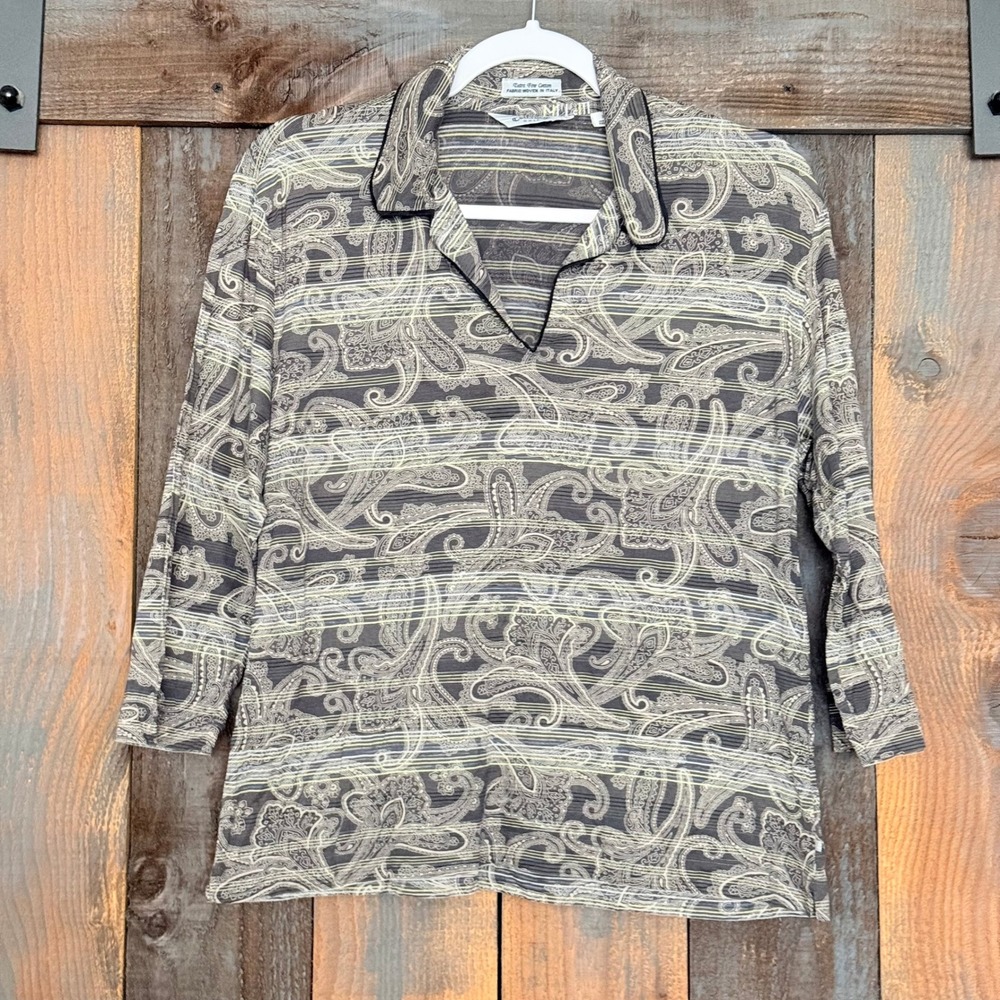 Callaway Golf Womens XL Grey Paisley Cotton Polo Shirt 3/4 Sleeve‎ CW15912
